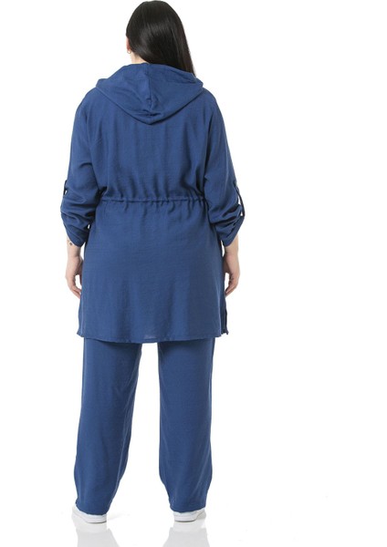 Büyük Beden Kapüşonlu Beli Tünelli Cepli Yanı Yırtmaçlı Aerobin Indigo Ceket modelleri