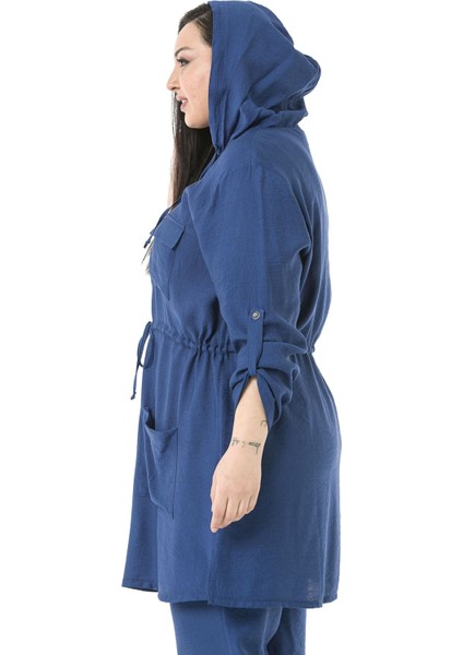 Büyük Beden Kapüşonlu Beli Tünelli Cepli Yanı Yırtmaçlı Aerobin Indigo Ceket fırsatları