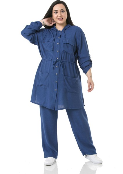 Büyük Beden Kapüşonlu Beli Tünelli Cepli Yanı Yırtmaçlı Aerobin Indigo Ceket indirimleri