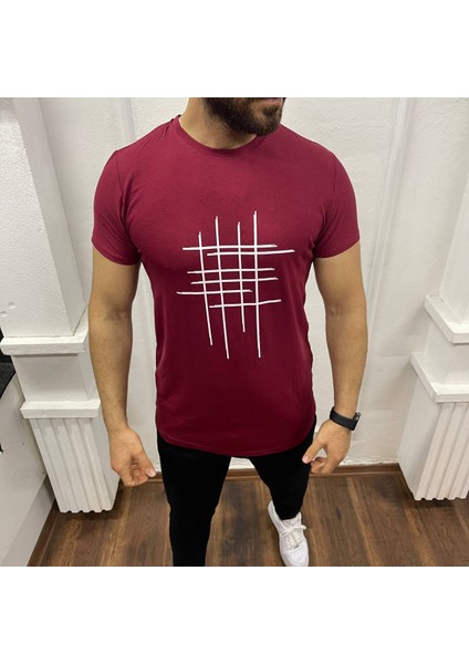 Erkek Bordo Çizgi Baskili T-Shirt