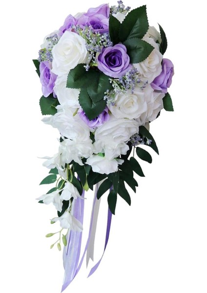 Gelin Düğün Buketi Parti Dekor Çiçek Düzenlemeleri, Centerpieces, El Sanatları Beyaz + Mor