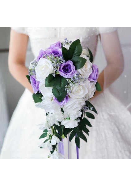 Gelin Düğün Buketi Parti Dekor Çiçek Düzenlemeleri, Centerpieces, El Sanatları Beyaz + Mor fiyatları