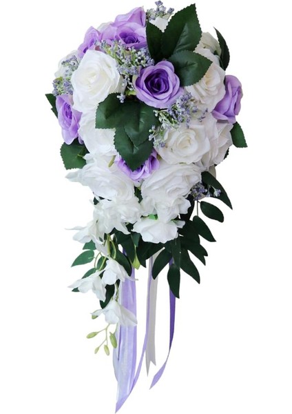 Gelin Düğün Buketi Parti Dekor Çiçek Düzenlemeleri, Centerpieces, El Sanatları Beyaz + Mor fırsatları