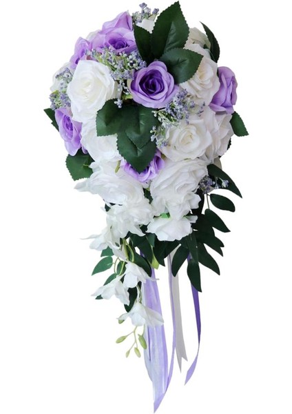 Gelin Düğün Buketi Parti Dekor Çiçek Düzenlemeleri, Centerpieces, El Sanatları Beyaz + Mor indirimleri