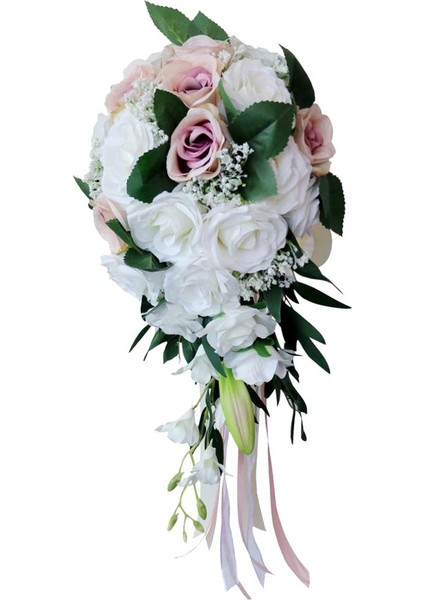 El Yapımı Yapay Buket Nedime Buketi El Bağlı Çiçek Parti Dekor Beyaz + Açık Pembe indirimleri