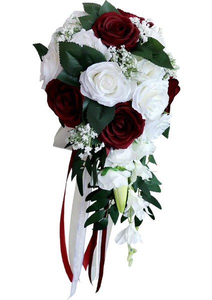 Basamaklı Gül Çiçekler Şelale Çiçekler Demet Şelale Gelin El Buketi Beyaz + Şarap Kırmızı