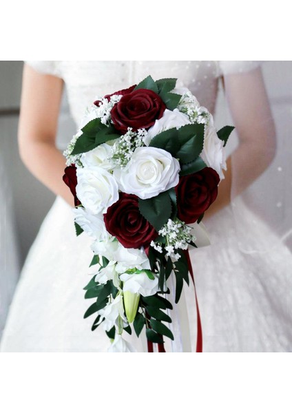 Basamaklı Gül Çiçekler Şelale Çiçekler Demet Şelale Gelin El Buketi Beyaz + Şarap Kırmızı fiyatları
