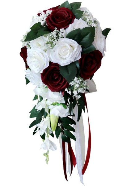 Basamaklı Gül Çiçekler Şelale Çiçekler Demet Şelale Gelin El Buketi Beyaz + Şarap Kırmızı modelleri