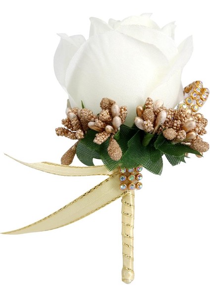 Gelin Nedime Damat Sahte Ipek Gül Çiçek Broş Pin Düğün Dekor Beyaz ve Altın(Yurt Dışından)