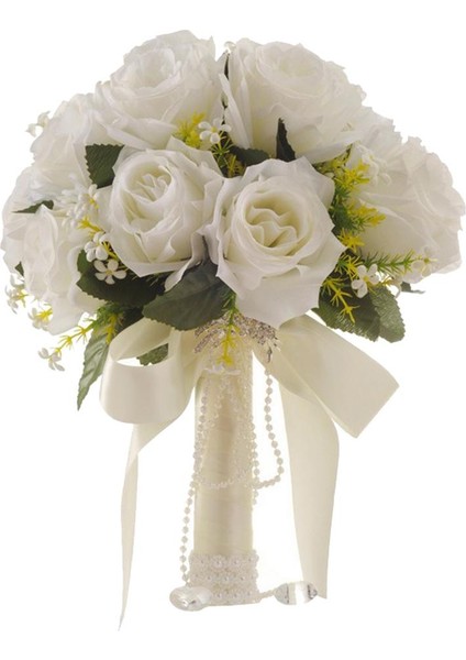 Beyaz Saten Gül Düğün Gelin Buketi Muhteşem Inci Gelin El Çiçekler