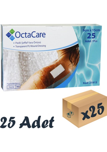 Şeffaf Pedli Su Geçirmez Yaraa Örtüsü 9cm x 15CM 25 Adet Tekli Steril Paket