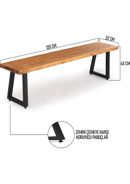 Flora Wood Doğal Ahşap Ladin Kütük Ağaç Bench Bank Eğik U Ayak 120 x 32 cm