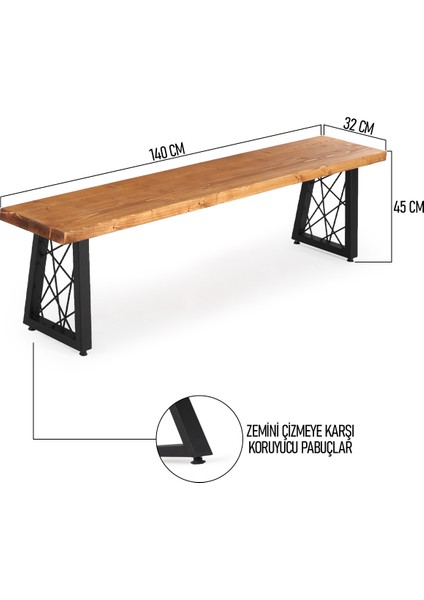 Flora Wood Doğal Ahşap Ladin Kütük Ağaç Bench Bank Tel Detaylı U Ayak 140 x 32 cm