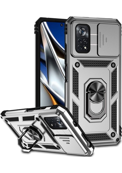 Xiaomi Poco X4 Pro 5g Için Halka Ayaklı ve Kayar Kamera Kapaklı Telefon Koruyucu Kılıf Gümüş (Yurt Dışından)