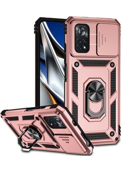 Xiaomi Poco X4 Pro 5g Için Halka Ayaklı ve Kayar Kamera Kapaklı Telefon Koruyucu Kılıf Rose Gold (Yurt Dışından)