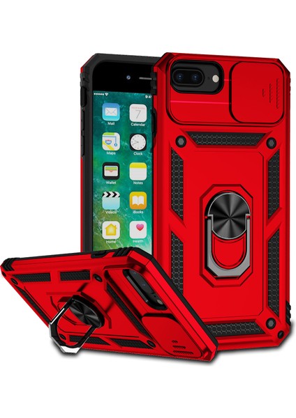 iPhone 8 Plus/7 Plus/6 Plus/6s Plus Için Halka Ayaklı ve Kayar Kamera Kapaklı Telefon Koruyucu Kılıf Kırmızı (Yurt Dışından)