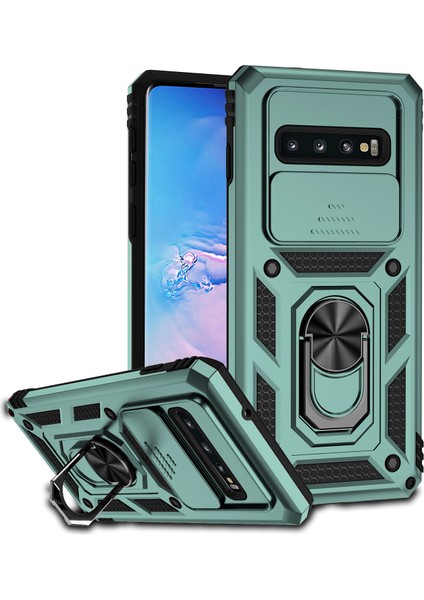 Samsung Galaxy S10 Için Halka Ayaklı ve Kayar Kamera Kapaklı Telefon Koruyucu Kılıf Yeşil (Yurt Dışından)