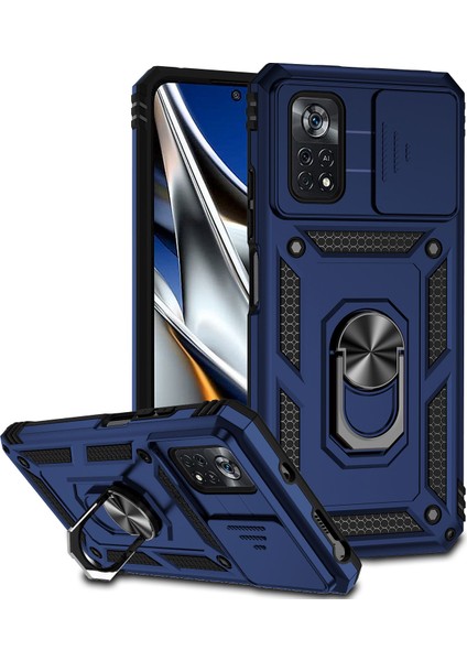 Xiaomi Poco X4 Pro 5g Için Halka Ayaklı ve Kayar Kamera Kapaklı Telefon Koruyucu Kılıf Mavi (Yurt Dışından)