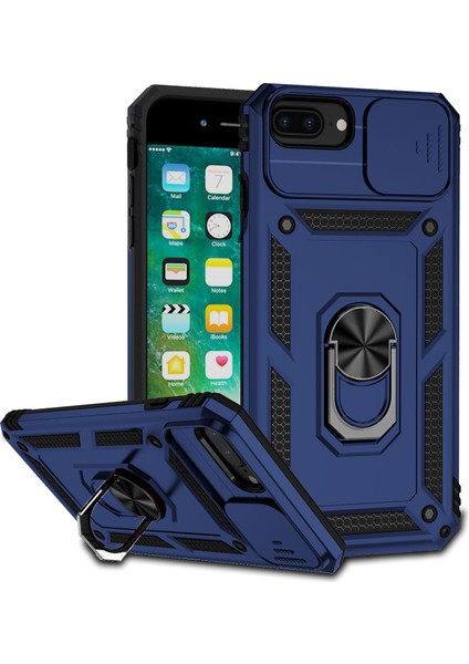 iPhone 8 Plus/7 Plus/6 Plus/6s Plus Için Halka Ayaklı ve Kayar Kamera Kapaklı Telefon Koruyucu Kılıf Mavi (Yurt Dışından)