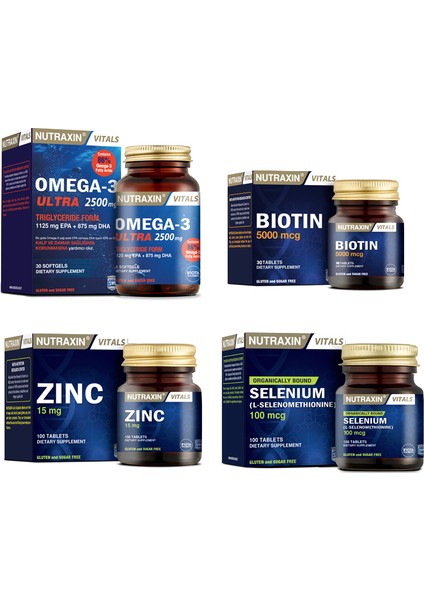 Omega 3 Ultra 2500 Mg Balık Yağı 30 Kapsül+Selenyum 100 Tablet+ Biotin 30 Tablet+ Çinko 100 Tablet