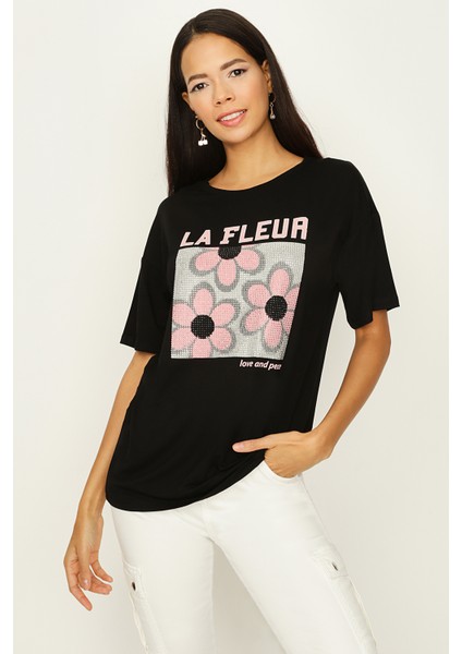 Kadın Siyah Taş Baskılı Basic T-Shirt