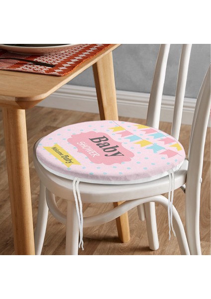 Pembe Zemin Baby Shower Temalı Özel Tasarımlı Dijital Baskılı Çocuk Odası Yuvarlak Fermuarlı Sandalye Minderi