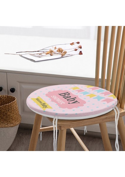 Pembe Zemin Baby Shower Temalı Özel Tasarımlı Dijital Baskılı Çocuk Odası Yuvarlak Fermuarlı Sandalye Minderi modelleri