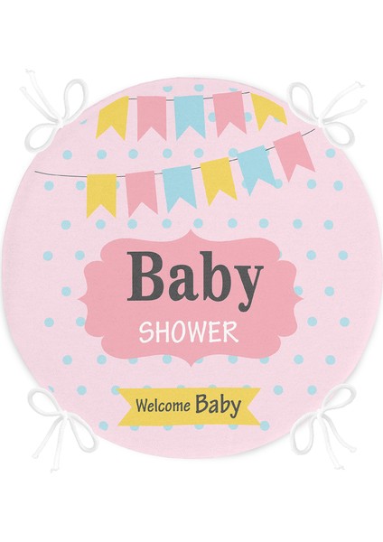 Pembe Zemin Baby Shower Temalı Özel Tasarımlı Dijital Baskılı Çocuk Odası Yuvarlak Fermuarlı Sandalye Minderi fırsatları