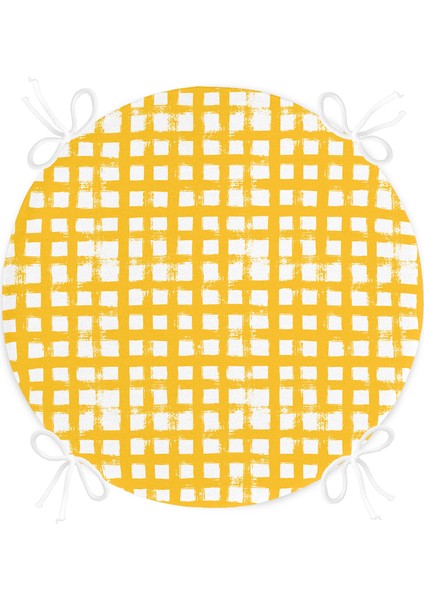 Sarı Zeminde Geometrik Kare Motifli Yuvarlak Fermuarlı Sandalye Minderi