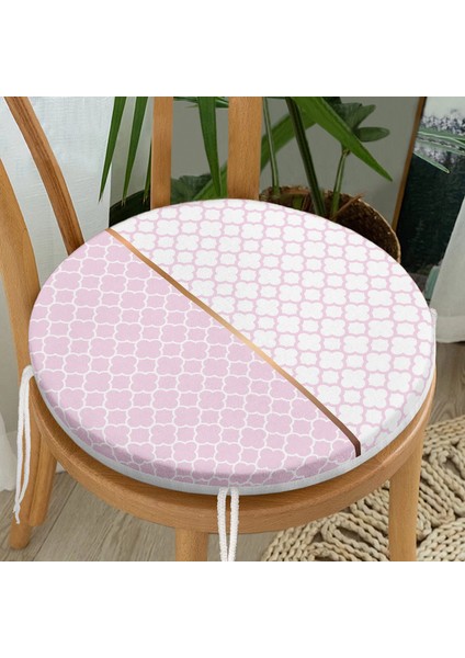 Pembe & Beyaz Ogea Desenli Dijital Baskılı Modern Yuvarlak Fermuarlı Sandalye Minderi