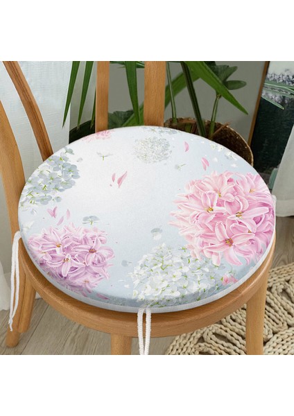 Pastel Zeminli Renkli Ortanca Çiçek Dijital Baskılı Modern Yuvarlak Fermuarlı Sandalye Minderi