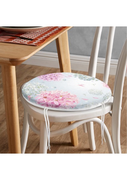 Pastel Zeminli Renkli Ortanca Çiçek Dijital Baskılı Modern Yuvarlak Fermuarlı Sandalye Minderi