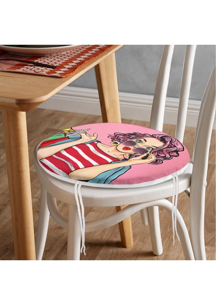 Pembe Zeminli Popart Desenli Yuvarlak Fermuarlı Sandalye Minderi