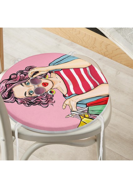 Pembe Zeminli Popart Desenli Yuvarlak Fermuarlı Sandalye Minderi