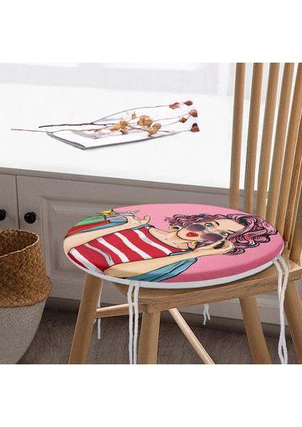 Pembe Zeminli Popart Desenli Yuvarlak Fermuarlı Sandalye Minderi