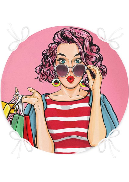 Pembe Zeminli Popart Desenli Yuvarlak Fermuarlı Sandalye Minderi