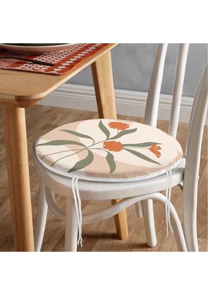Soft Renkli Onedraw Çizimli Çiçek Desenli Dijital Baskılı Modern Yuvarlak Fermuarlı Sandalye Minderi