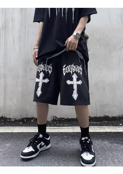 Haç Baskılı %100 Pamuk Özel Tasarım Sokak Stili Hip Hop Erkek Bermuda Şort