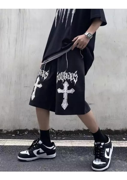 Haç Baskılı %100 Pamuk Özel Tasarım Sokak Stili Hip Hop Erkek Bermuda Şort fiyatları