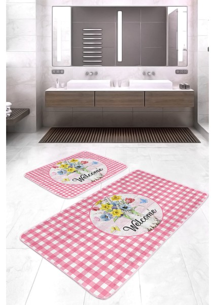 Pembe Ekose Welcome Temalı 2'li Banyo Halısı & Klozet Paspas Seti