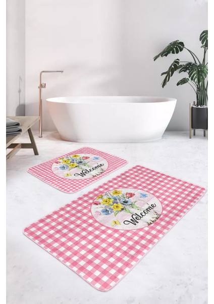 Pembe Ekose Welcome Temalı 2'li Banyo Halısı & Klozet Paspas Seti