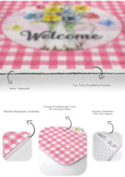 Pembe Ekose Welcome Temalı 2'li Banyo Halısı & Klozet Paspas Seti