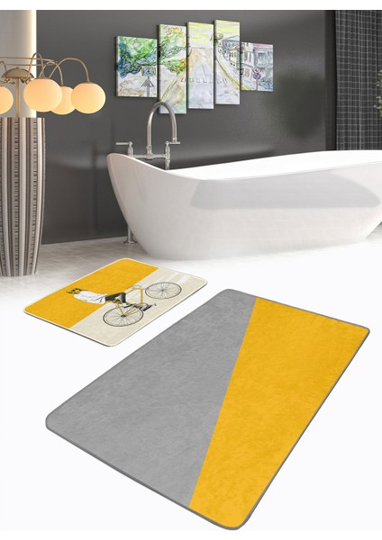Sarı Gri Bisikletli Adam 2'li Banyo Paspas Seti & Mutfak Paspas Takımı fiyatları
