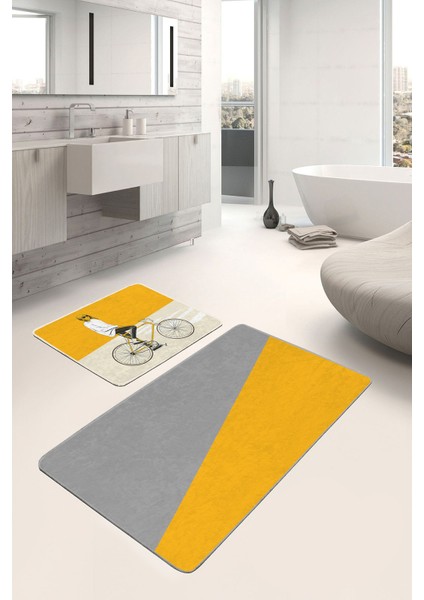 Sarı Gri Bisikletli Adam 2'li Banyo Paspas Seti & Mutfak Paspas Takımı modelleri