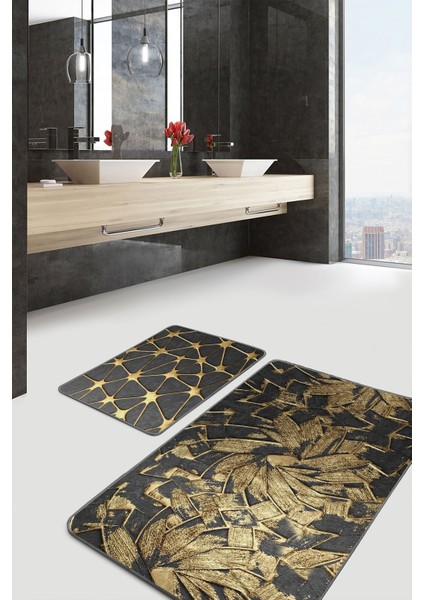 Gold Detaylı Fırça Darbeleri 2'li Banyo Paspas Seti & Klozet Paspas Takımı