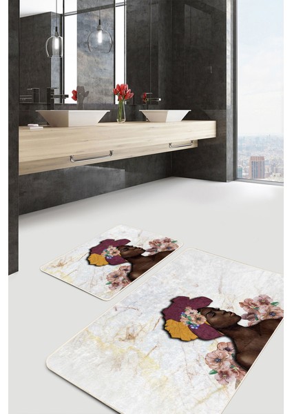 Mermer Zeminli Zenci Kadın Motifli 2'li Mutfak Halı Takımı & Banyo Paspas Seti