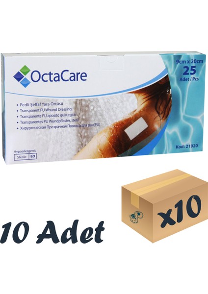 Octacare Şeffaf Pedli Su Geçirmez Yaraa Örtüsü 9cm x 20CM 10 Adet Tekli Steril Paket