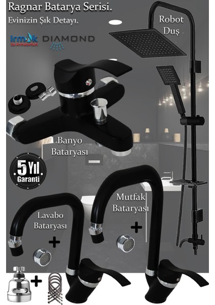 Mutfak, Lavabo, Banyo Bataryası Robot Duş Takımı Siyah Renk Armatür, Musluk Seti Batarya Banyo Seti
