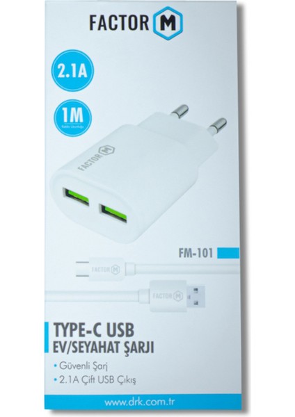 Factor M Çift Çıkışlı 2.1A Type-C Ev Tipi Şarj Aleti Set (FM101T)