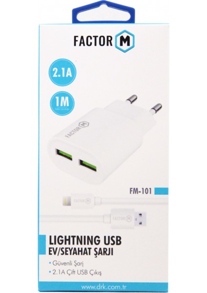 Factor M Çift Çıkışlı 2.1A Ligthning Ev Tipi Şarj Aleti Set (FM101M)